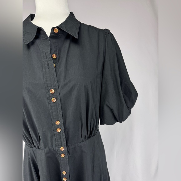 A Loves A Black 100% Cotton Puff Sleeve Button Front Midi Dress Sz 12 - Picture 2 of 10